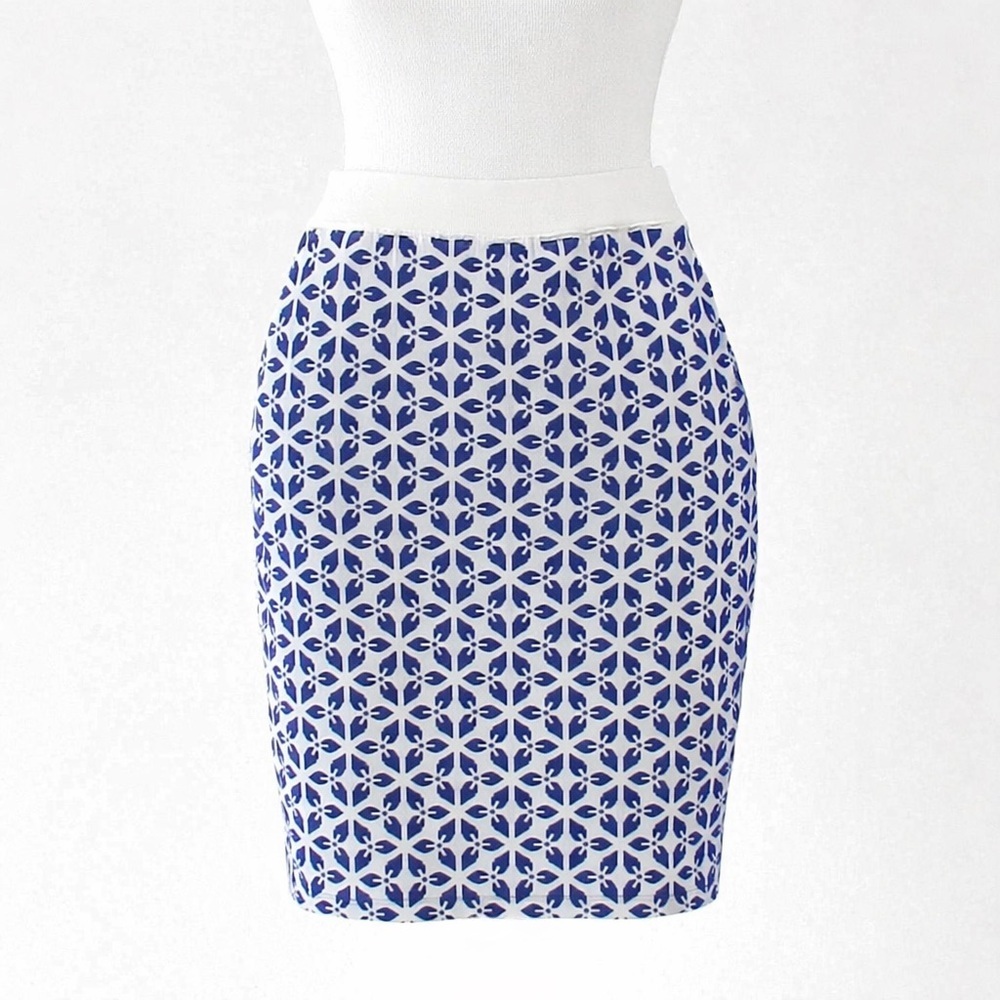 Size XL Brixon Ivy Women’s Blue White Printed Pencil Skirt Stretch Fitted Work
